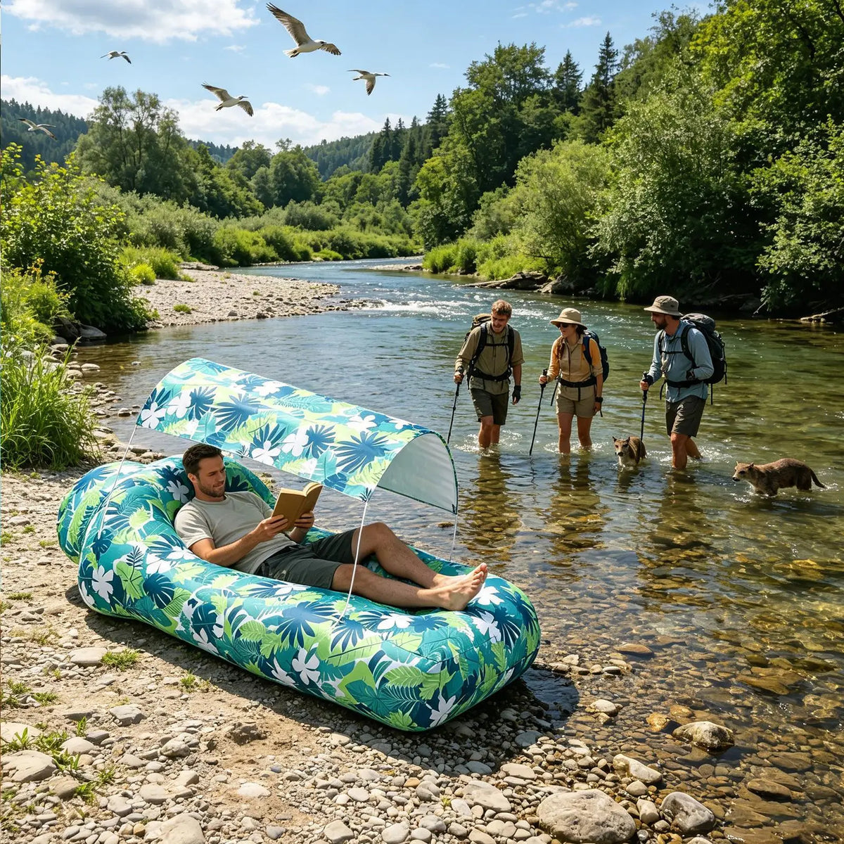 Inflatable Air Lounger with Sun Shade | Portable Beach Sofa Inflatable Air Lounger Qme