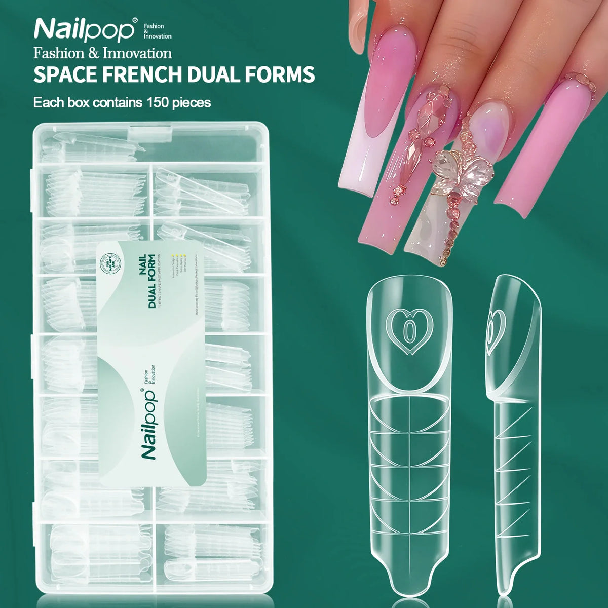 Nailpop French Dual Forms 15 Sizes Clear Nail Molds 150pcs Nail Extension Molds Qme