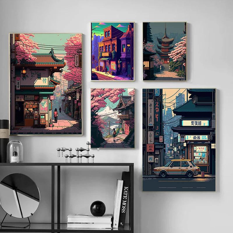 Japan Pixel Street Landscape Canvas Wall Art Print | Home Decor Canvas Wall Art Qst