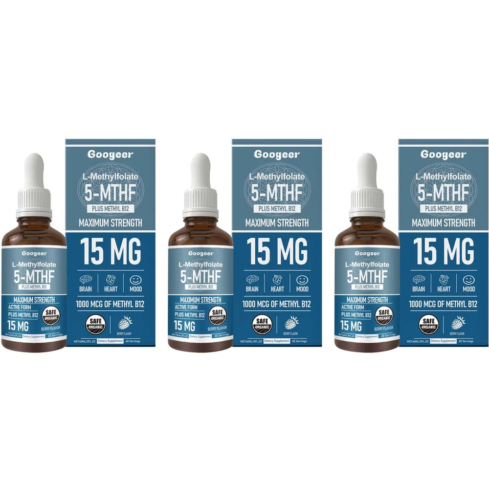 Googeer L-Methylfolate 5-MTHF Drops + Methyl B12 | 60mL Vitamin B Supplement Qst 3 Bottles 180 ml