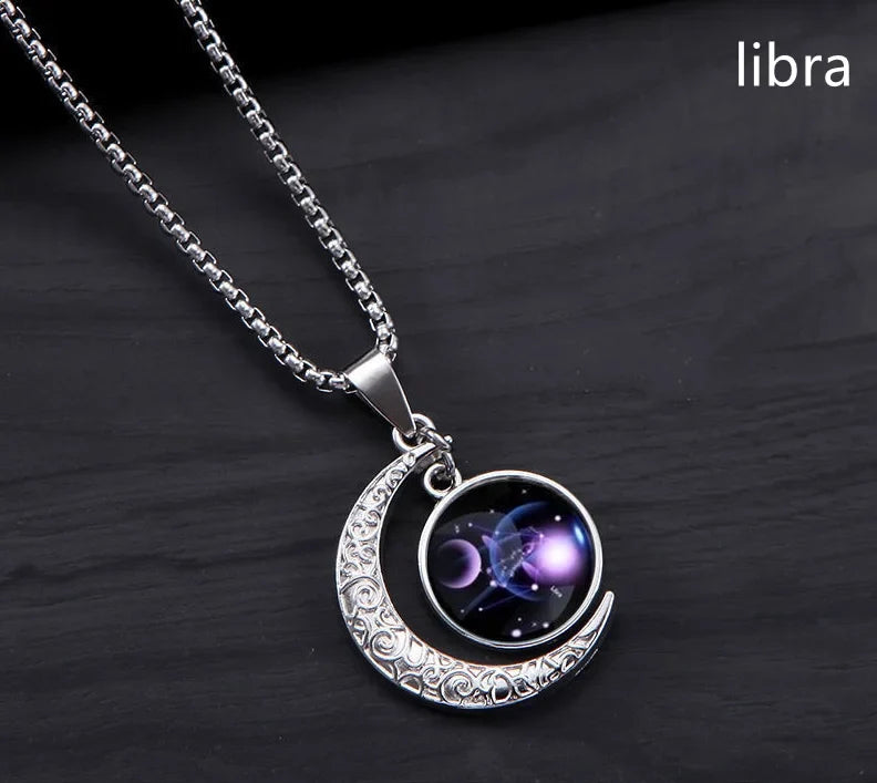 Zodiac Constellation Luminous Crescent Moon Necklace Zodiac Pendant Necklace Qme Libra