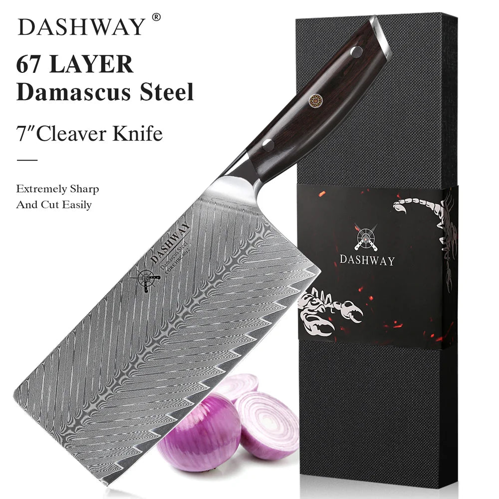 DASHWAY 7" Damascus Steel Cleaver Knife – Ebony Handle Damascus Cleaver Knife Qst