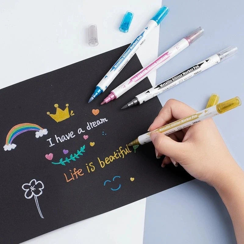Metallic Glitter Dual Tip Marker Pens – Brush & Fine Nib Dual Tip Art Markers Qme