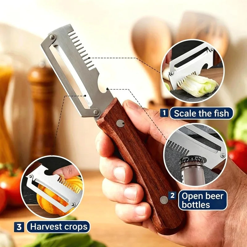 3-in-1 Stainless Steel Peeler with Wooden Handle | Qme Kitchen Peeler Tool Qme