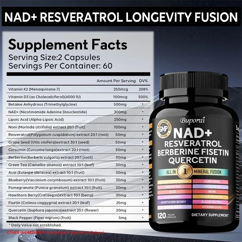 NAD+ Resveratrol Berberine 18-in-1 Supplement | Cellular Wellness Dietary Supplement Qst