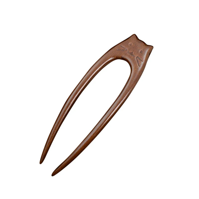 Wooden Cat U-Shaped Hair Stick Fork – Hanfu Hairpin for Women Wooden Hair Stick Qst OneSize