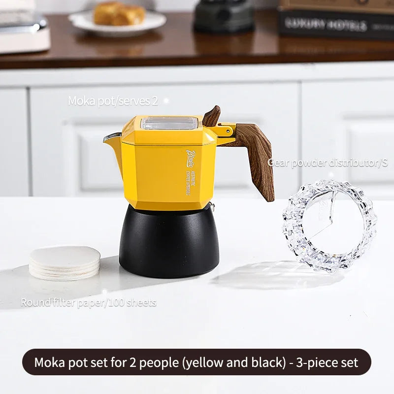 BINCOO 2-Cup Double Valve Moka Pot – Italian Espresso Maker Moka Pot Qst Yellow Black-3pcs