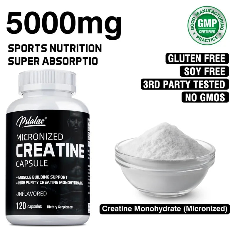 Creatine Monohydrate 5000mg Capsules – Pre-Workout by Pslalae Creatine Supplement Qst