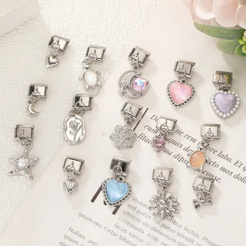 Crystal Turtle Moon Heart Italian Charm Stainless Steel Link Italian Charm Link Qme