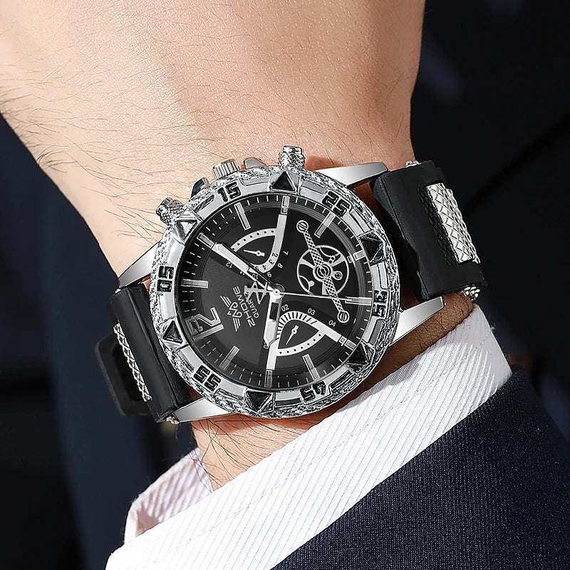 Men's Big Dial Quartz Watch Cross Necklace Bracelet Set Men's Jewelry Set Qme