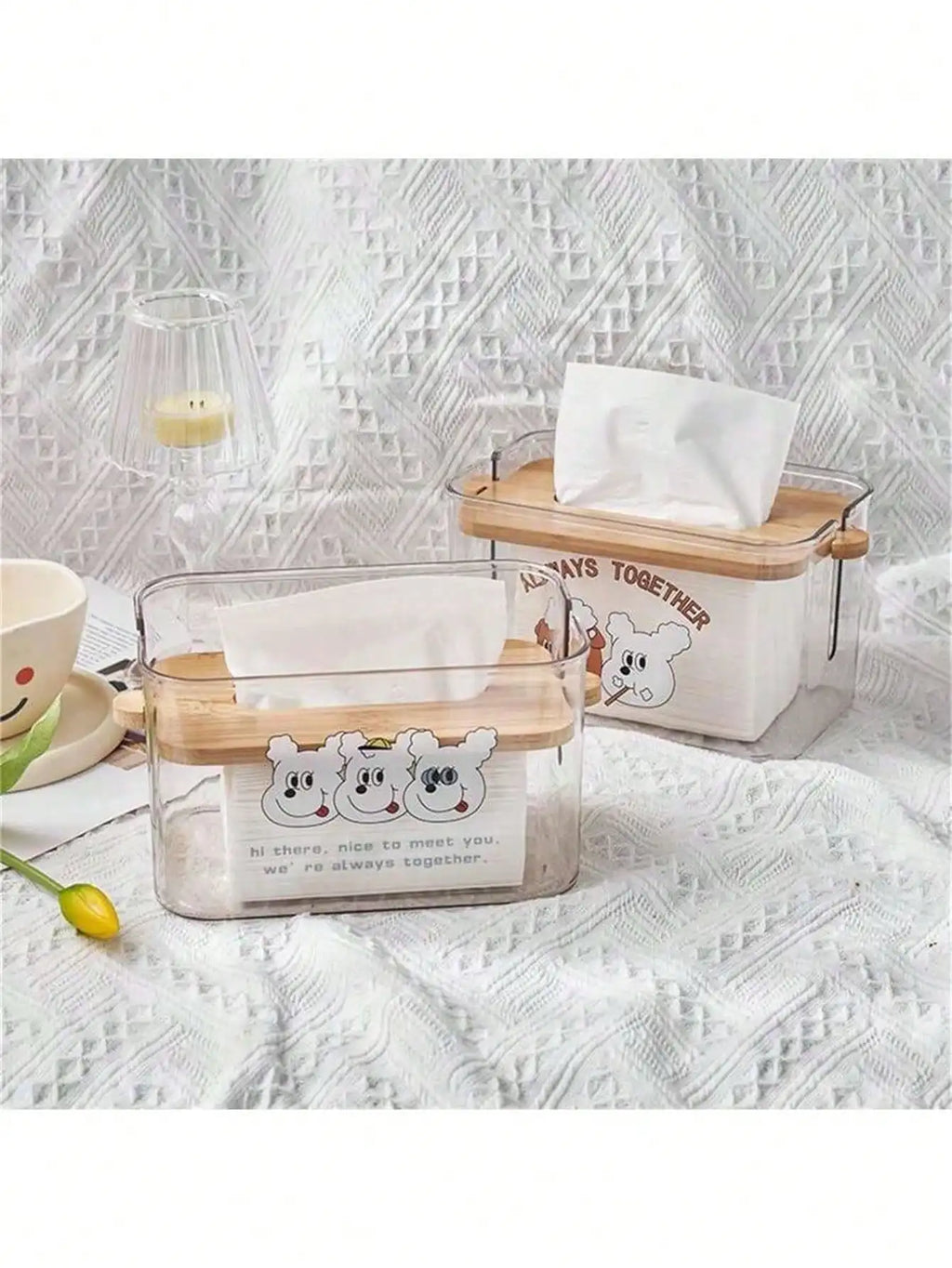 Adjustable Transparent Bamboo Toilet Paper & Tissue Storage Box Tissue Box Holder Qme
