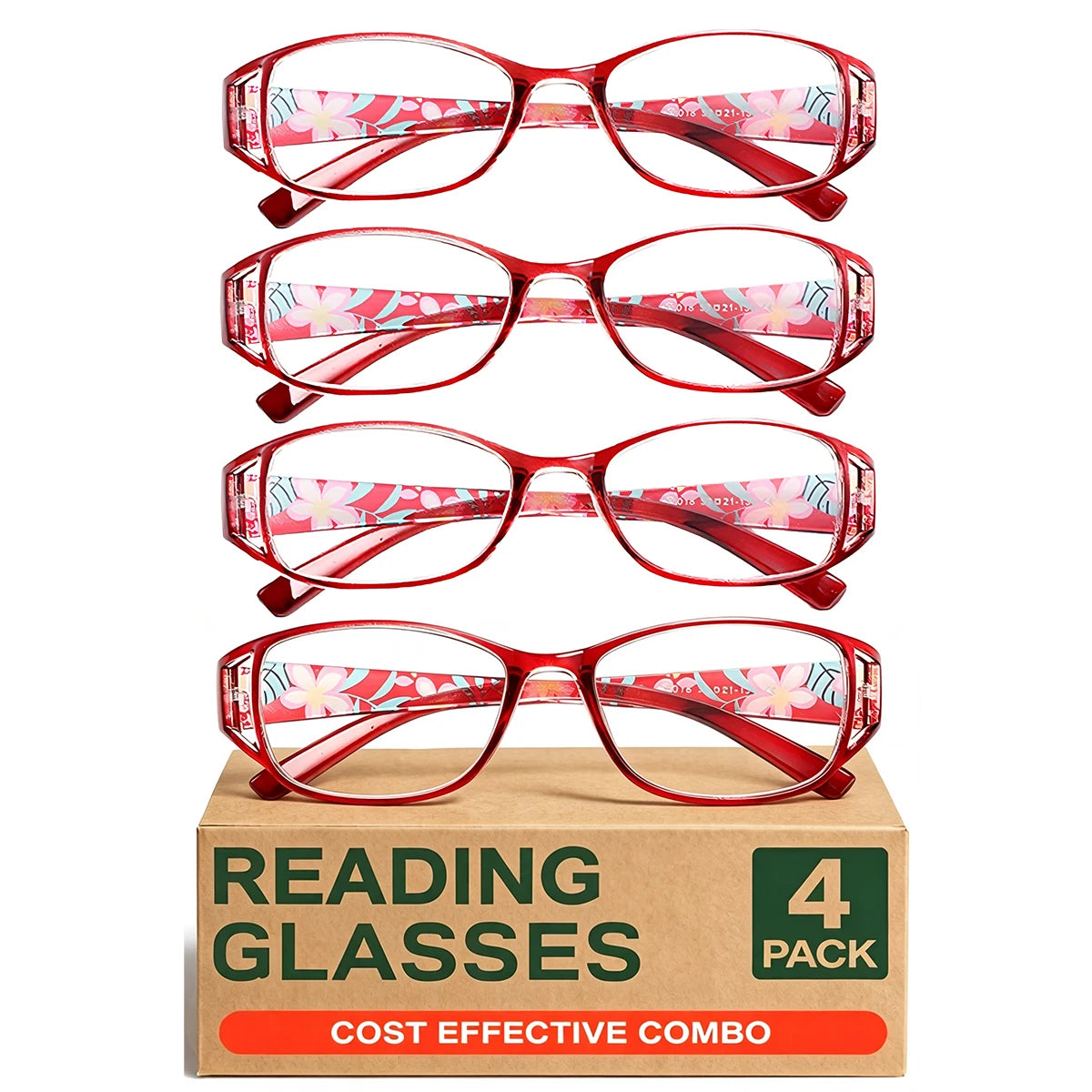 Women's Blue Light Blocking Reading Glasses UV Protection 4 Pack Reading Glasses Qst 4pcs-Red +300