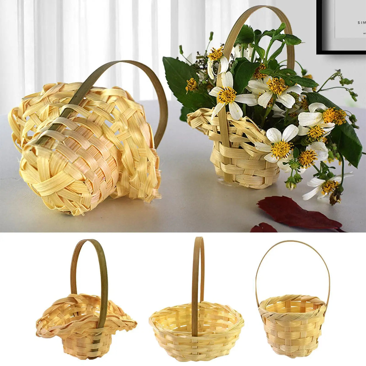 Miniature Woven Wood Flower Basket – Rustic Desktop Ornament Miniature Woven Basket Qme