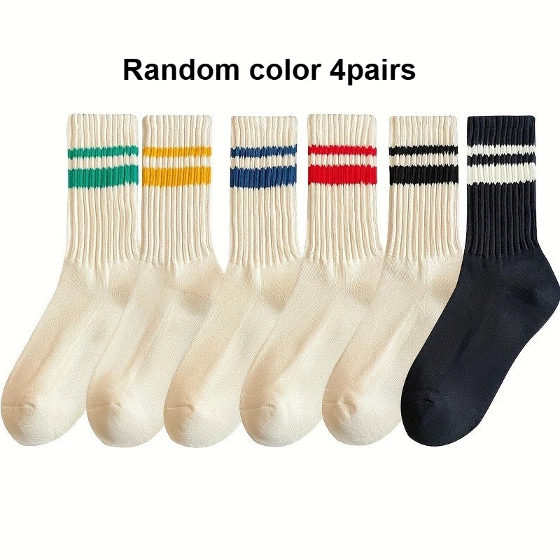 Striped Crew Socks – Retro Cotton Sport Socks for Men & Women Striped Crew Socks Qme Random color 4pairs One Size