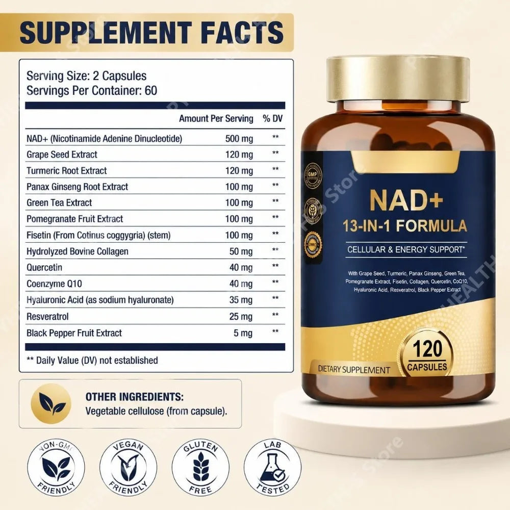 NAD+ 13-in-1 Capsules – Cellular Energy & Immune Support 120ct NAD+ Supplement Qst