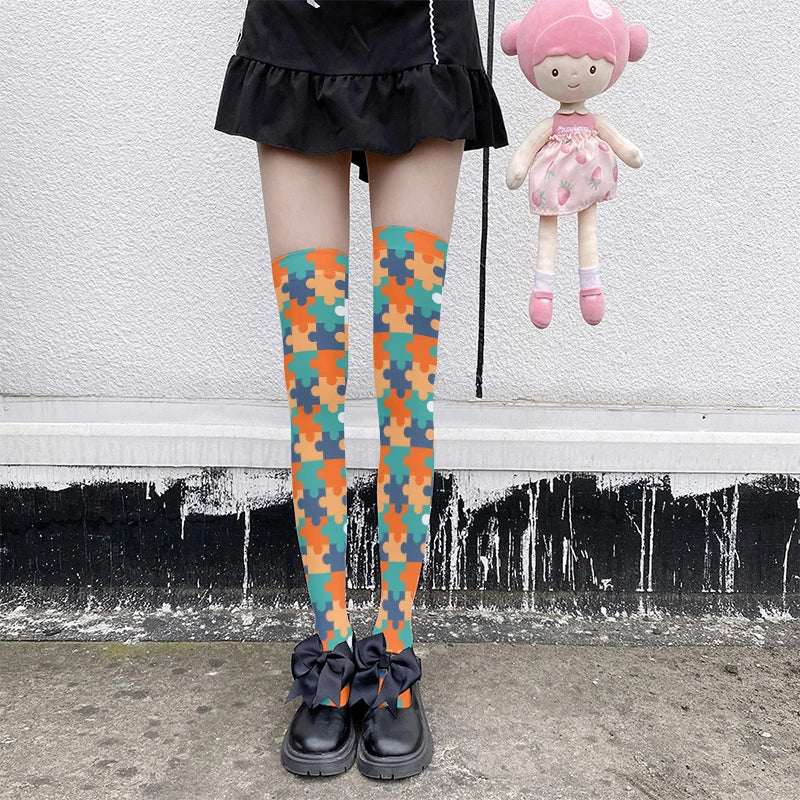 Harajuku Puzzle Plaid Knee Socks | Kawaii Novelty Stockings Novelty Knee Socks Qme