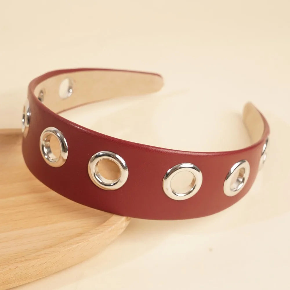 Y2K Hollow Metal Headband Ring – Stretchy Eyelet Wide Band Hair Headband Qme Dark Red