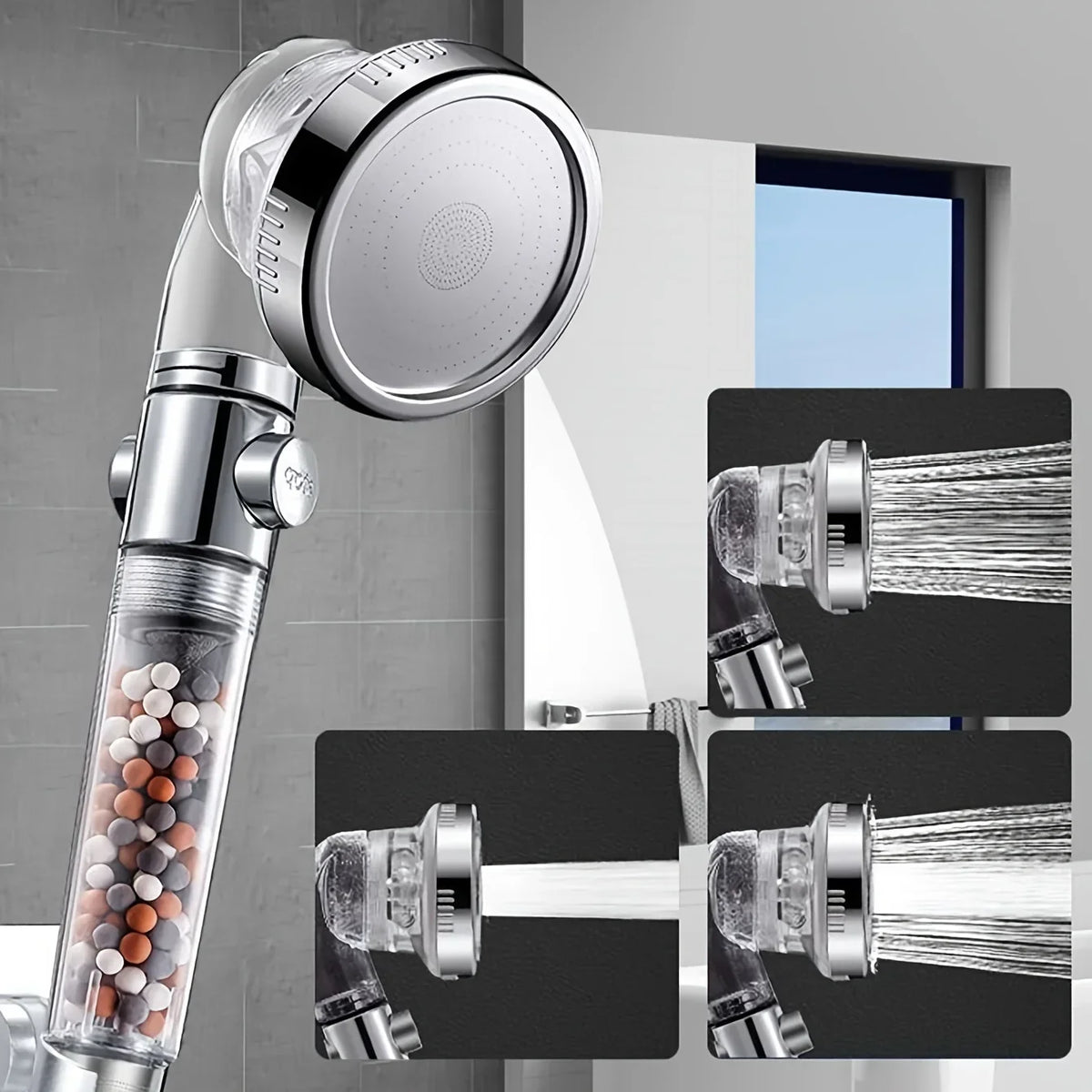 High-Pressure 3-Mode Handheld Showerhead | One-Click Water Stop Handheld Showerhead Qme