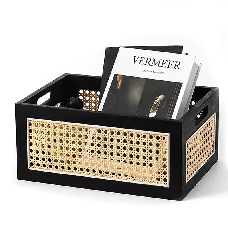 Wood Rattan-Style Organizer Basket Box | Home Decor Storage Decorative Storage Basket Qme
