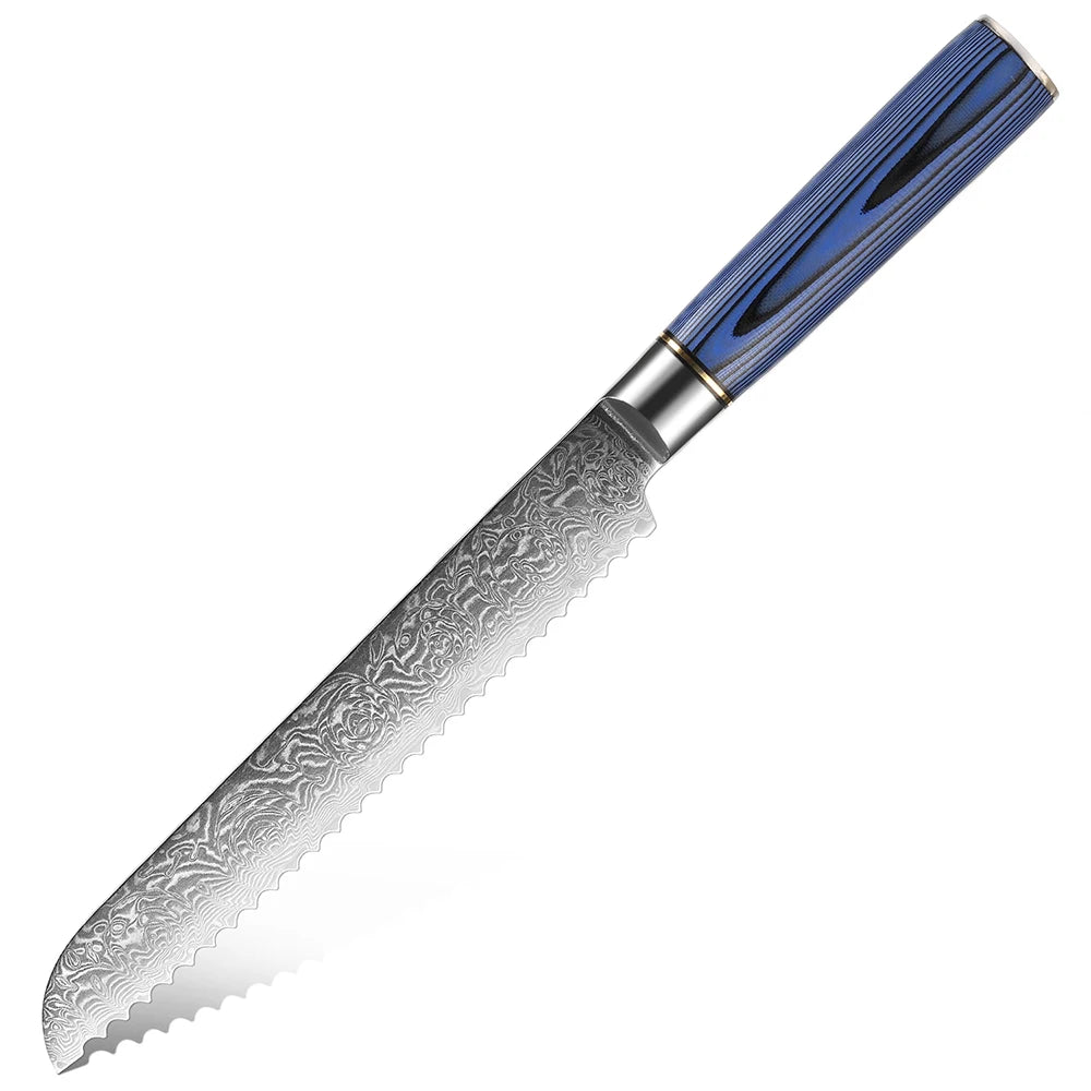 XITUO Damascus Steel Kitchen Knife Set – Blue G10 Handle Damascus Knife Set Qst Bread Knife