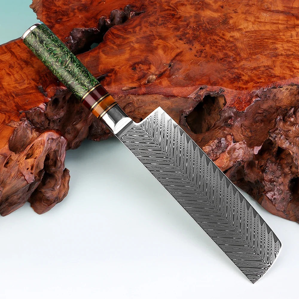 XITUO 7" Damascus Steel Nakiri Knife – Rice Husk Handle Nakiri Kitchen Knife Qst