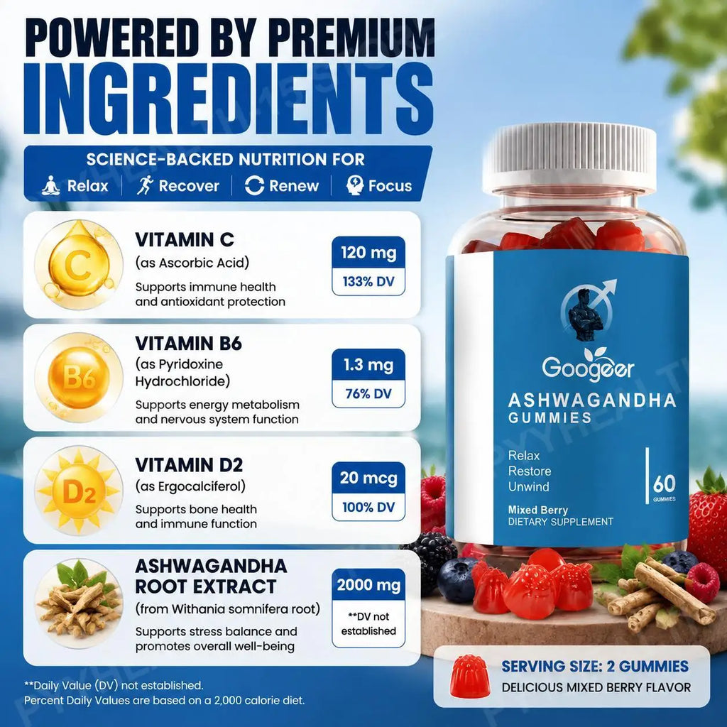 Ashwagandha Gummies Vitamin C B6 D2 Mixed Berry | 60 Count Herbal Supplement Gummies Qst