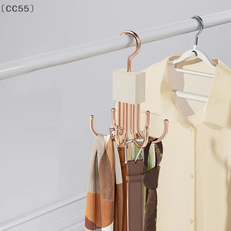 Rotating Wooden Belt Hanger – Closet Organizer with Steel Hooks Closet Belt Organizer Qst