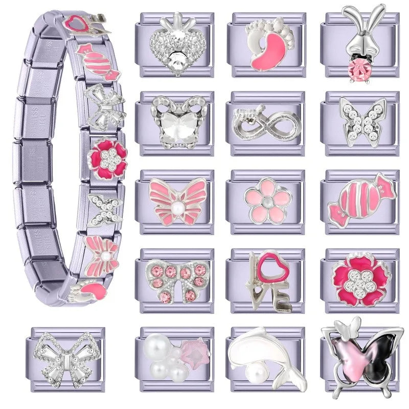 Zircon Bow Butterfly Rabbit Italian Charm Links DIY Bracelet Italian Charm Links Qme