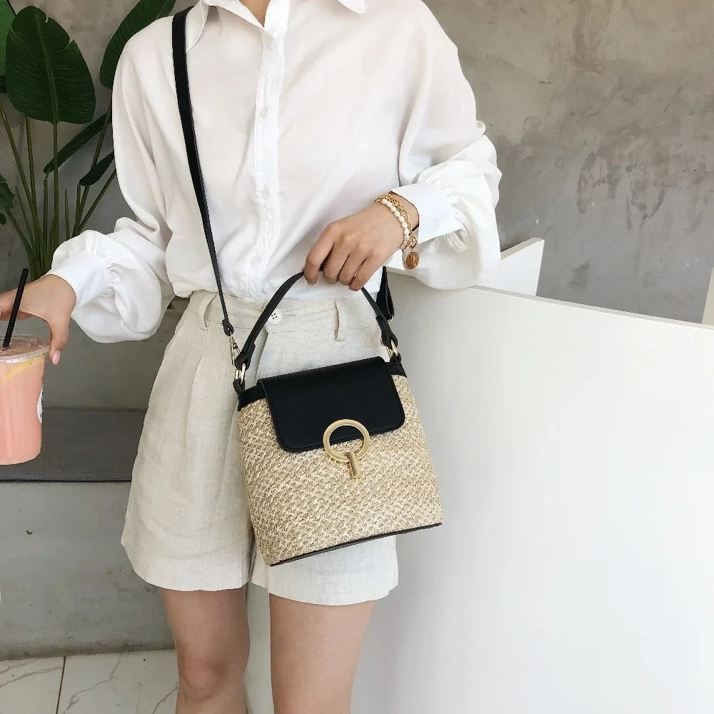 Women's Small Straw Bucket Crossbody Bag – Summer Travel Purse Crossbody Bucket Bag Qme