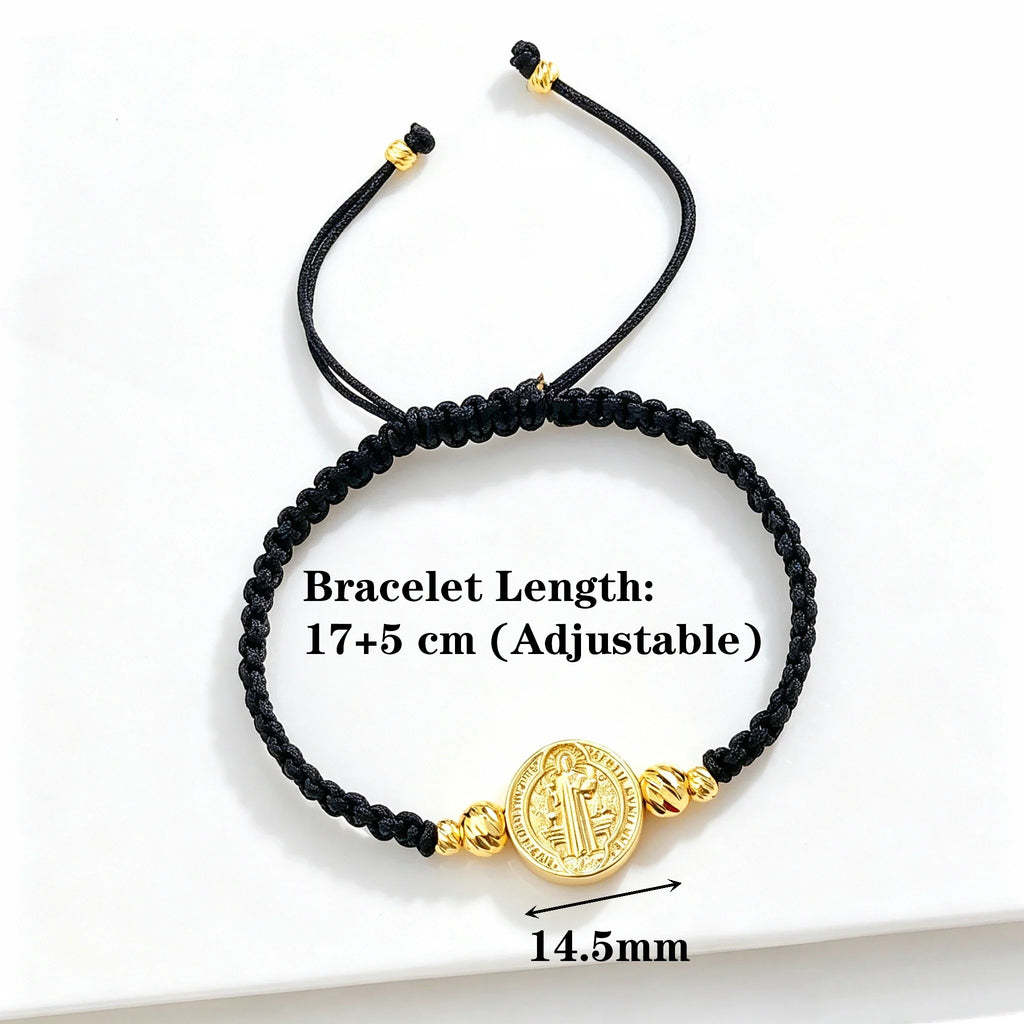 St Benedict Adjustable Braided Rope Bracelet – Gold Plated Religious Bracelet Qme