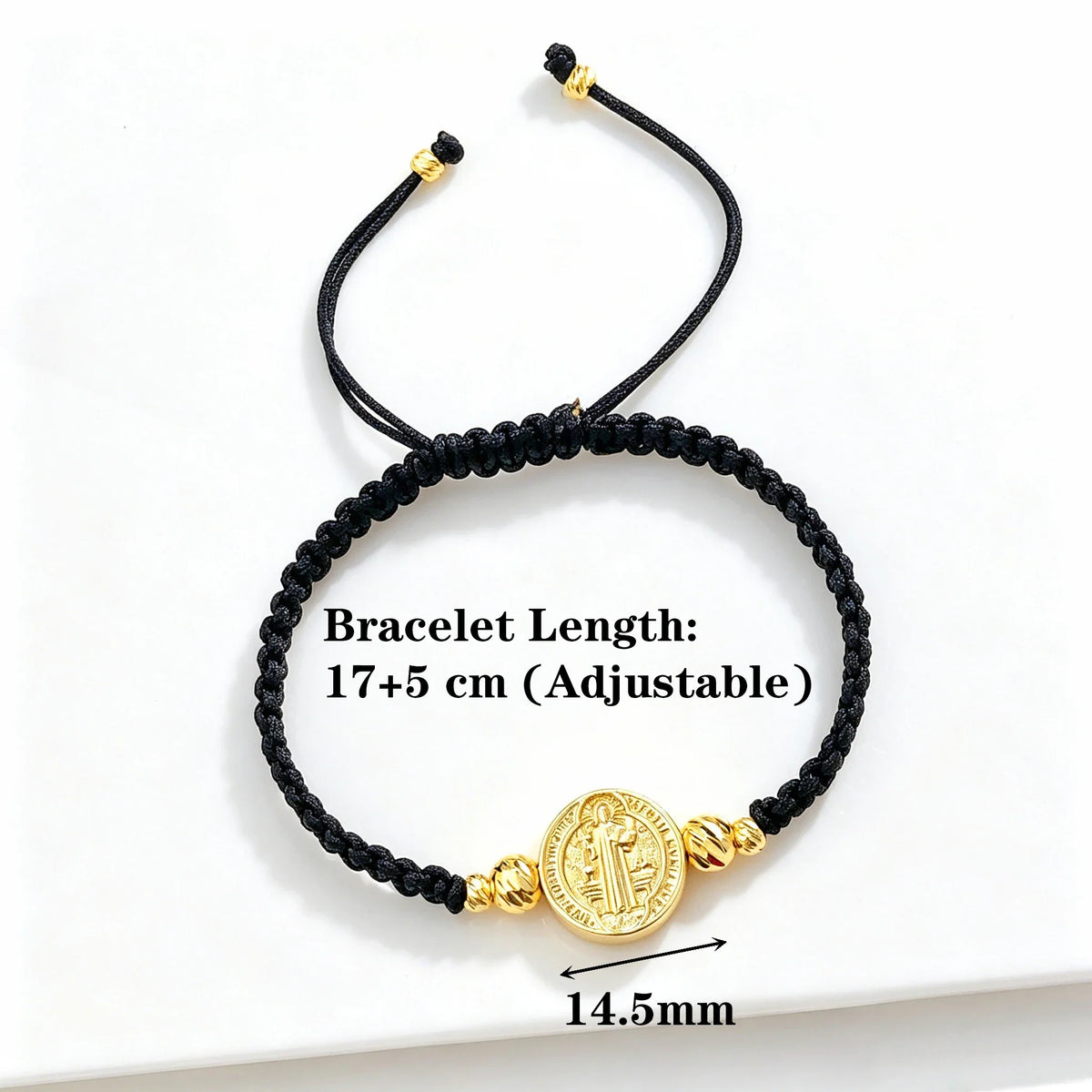 St Benedict Adjustable Braided Rope Bracelet – Gold Plated Religious Bracelet Qme