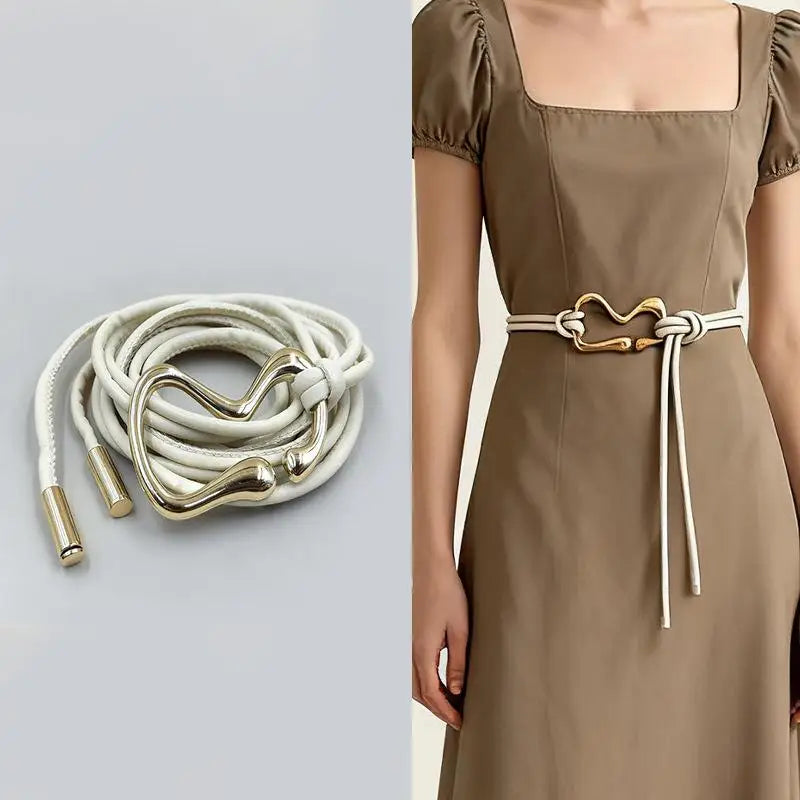 Women's PU Leather Thin Waist Belt – Gold Knotted Buckle Women's Fashion Belt Qst