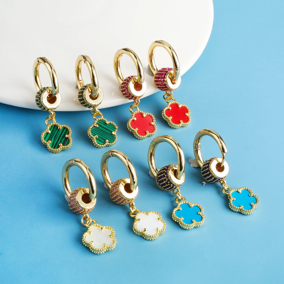 Gold-Plated Five-Leaf Flower Zircon Dangle Drop Earrings Dangle Drop Earrings Qme