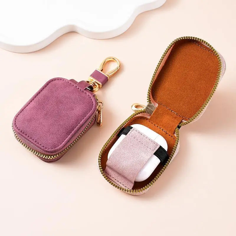 Soft Suede PU Leather Car Key Pouch with Zipper & Carabiner Key Pouch Case Qme