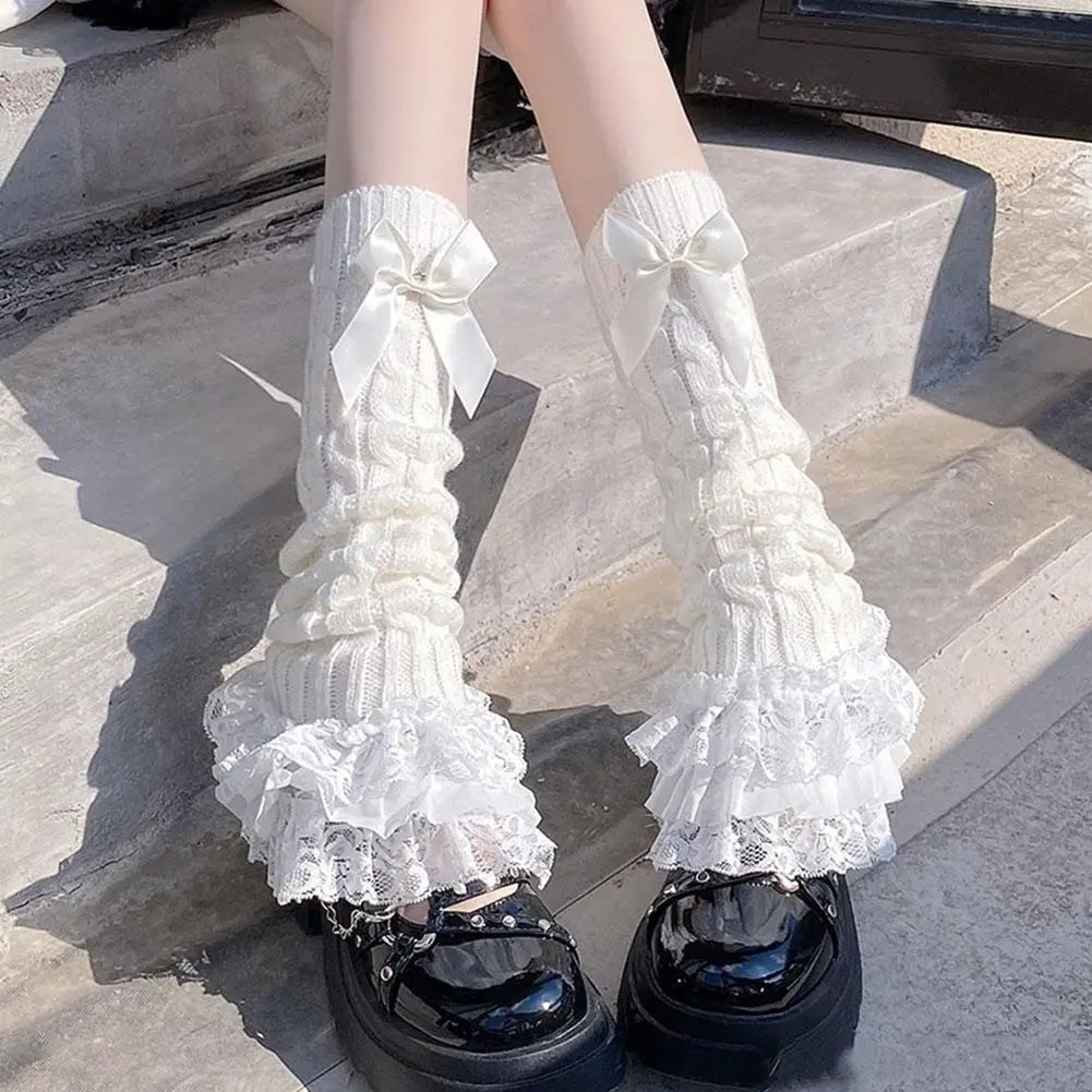 Women's Knitted Lace Bow Ruffle Leg Warmers | Lolita Style Knitted Leg Warmers Qme