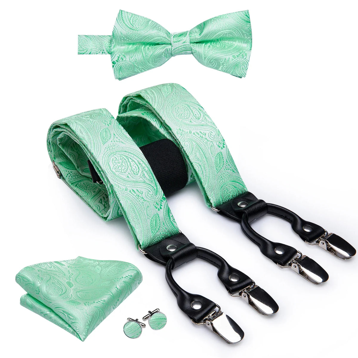 Hi-Tie Silk Men's Suspenders, Bow Tie & Pocket Square Set Men's Suspender Set Qme