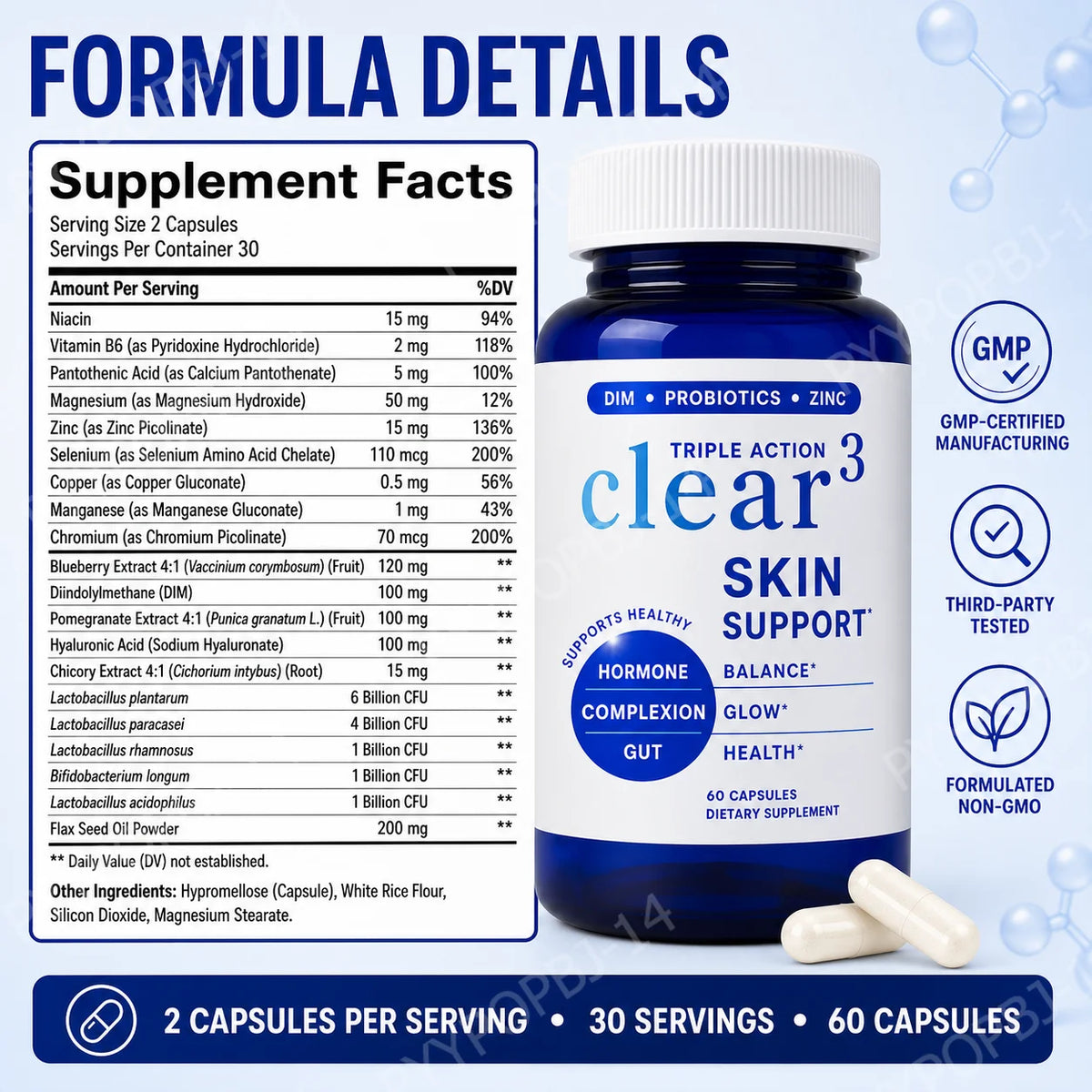 Clear³ Skin Supplement with DIM, Probiotics & Zinc – 60 Capsules Skin Support Supplement Qst