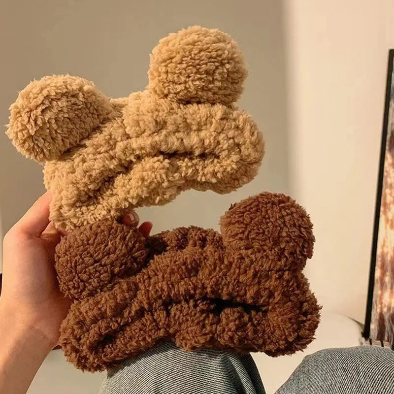 Cute Bear Ear Plush Wide Headband for Makeup & Face Wash Plush Hair Headband Qst