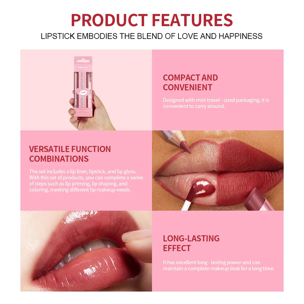 Iconic Mini Lip Kit – Waterproof Lipstick & Gloss 3pc Set Lip Makeup Set Qst