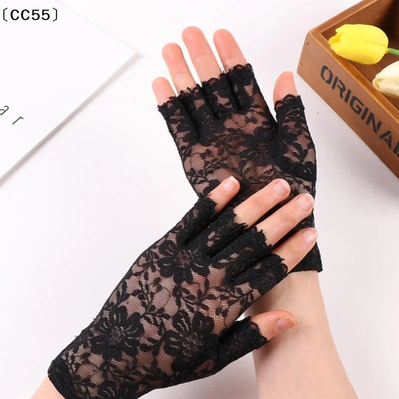 Women's Fingerless Lace Gloves – Breathable Fishnet Half Finger Fingerless Lace Gloves Qst