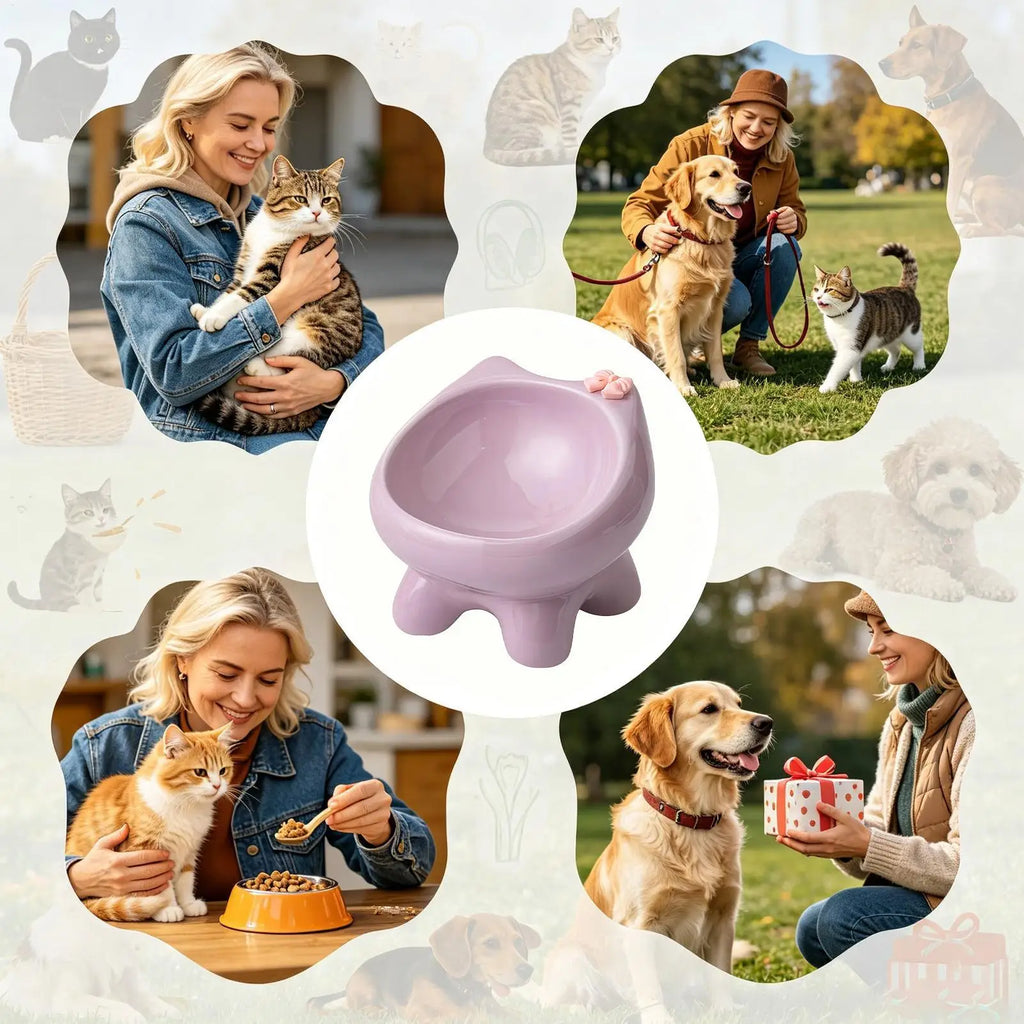 Elevated Tilted Ceramic Cat Bowl – Anti-Slip Wide Pet Dish Elevated Pet Bowl Qme