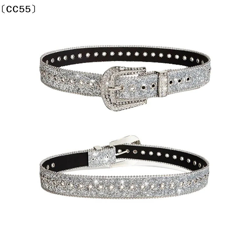 Rhinestone Buckle Belt – Punk Gothic PU Leather Waist Strap Fashion Belt Qst