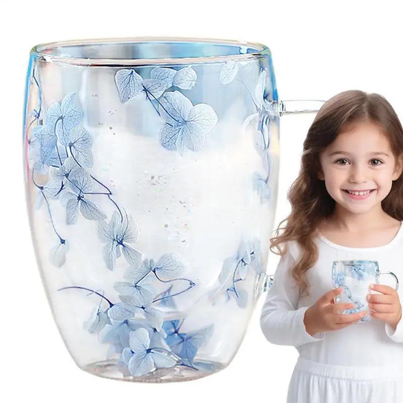 Double Walled Glass Coffee Mug with Dried Flowers – 350ml Glass Coffee Mug Qst