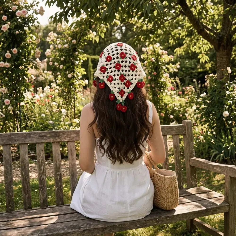 Floral Knitted Crochet Triangle Headband | Boho Style Knitted Triangle Headband Qme