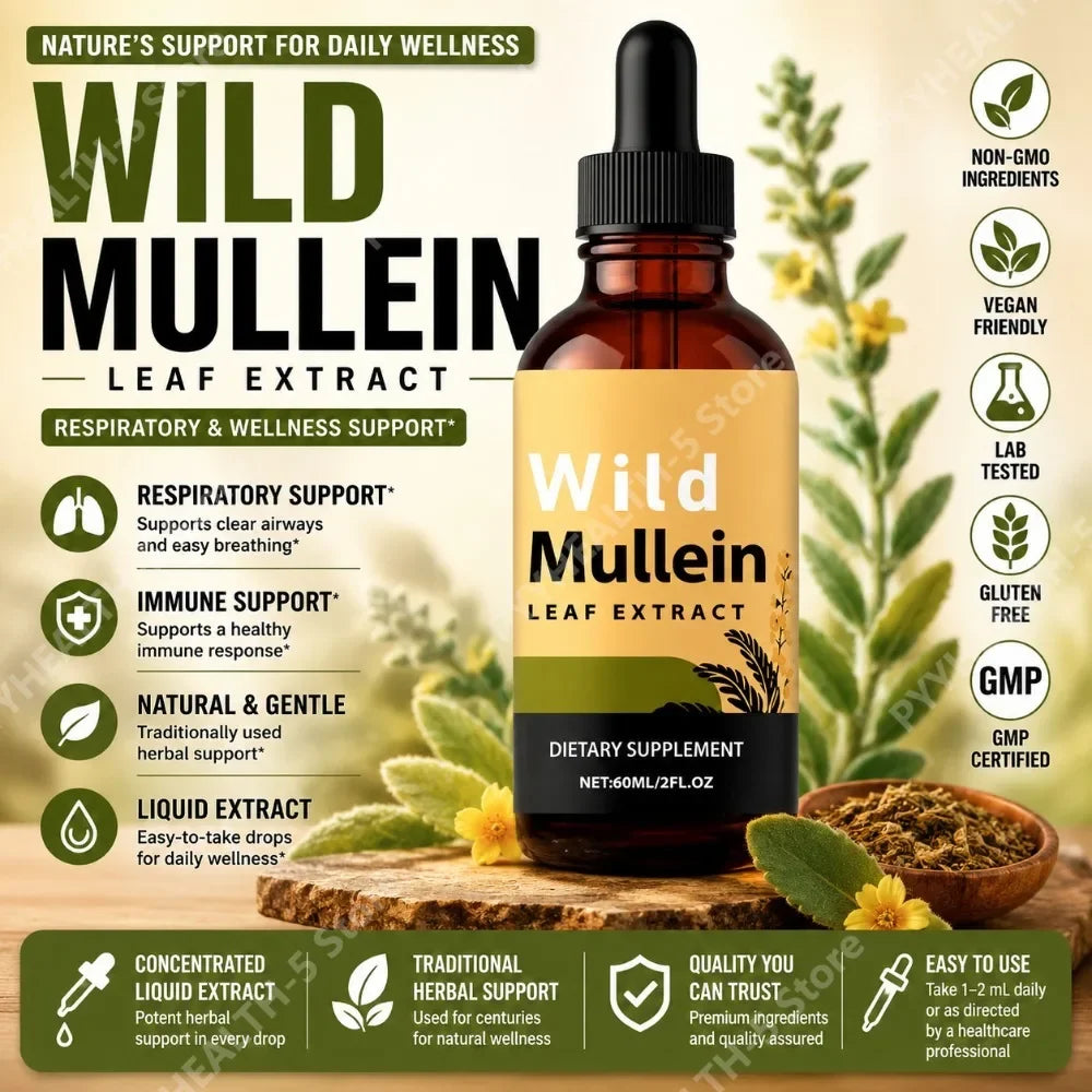 Wild Mullein Leaf Drops with Ginger & Bromelain – 60ml Herbal Liquid Supplement Qst