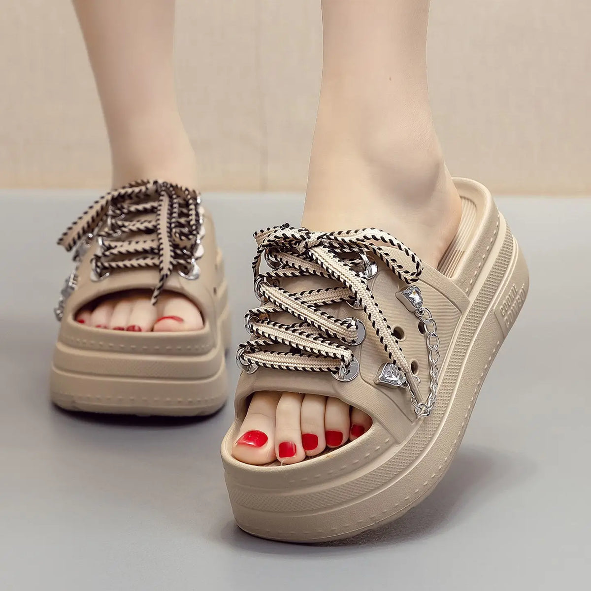 Women's Platform Slides – Lace-Up Metal Chain Summer Slippers Platform Slides Qst
