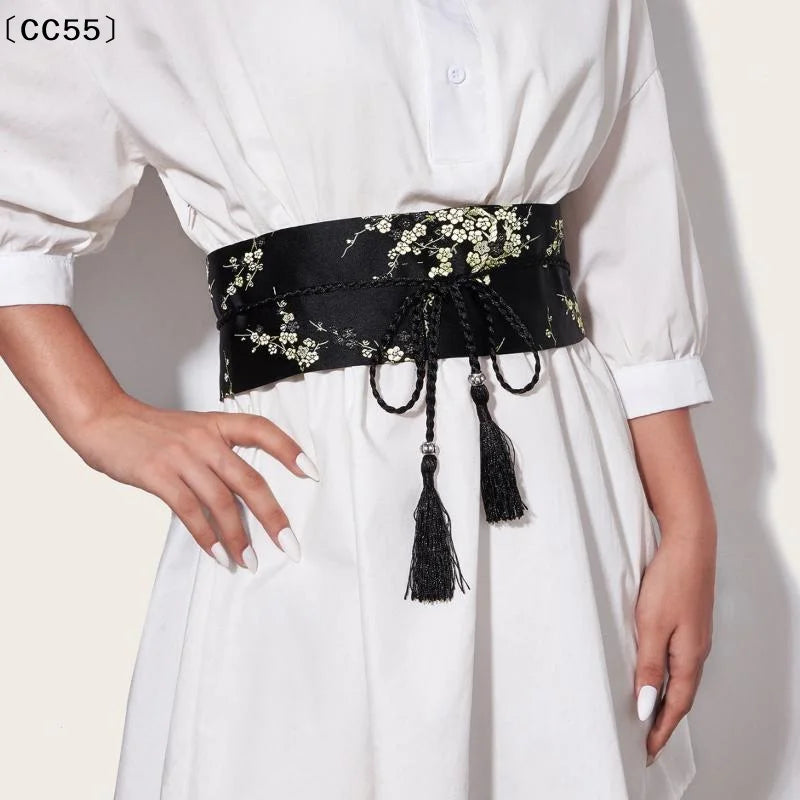Vintage Floral Embroidered Wrap Belt – Bow Tie Tassel Sash Embroidered Wrap Belt Qst