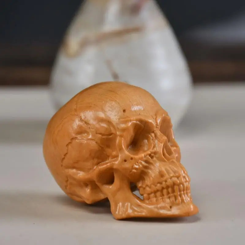 Hand-Carved Wood Skull Figurine – Halloween & Home Decor Skull Decor Figurine Qst