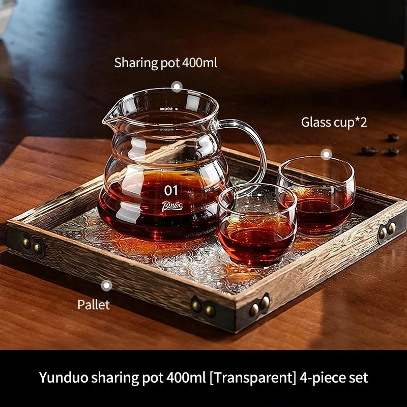 BINCOO Glass Coffee Server Set with Cup & Tray 400ML 600ML Glass Coffee Server Set Qst Clear2cupstray400ml