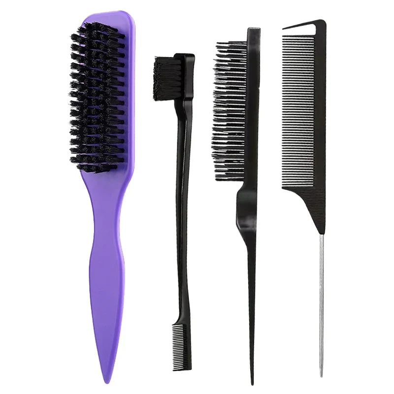 Boar Bristle Hair Brush – Sleek Ponytail, Bun & Slick Back Boar Bristle Hair Brush Qme 4PCS Purple Set